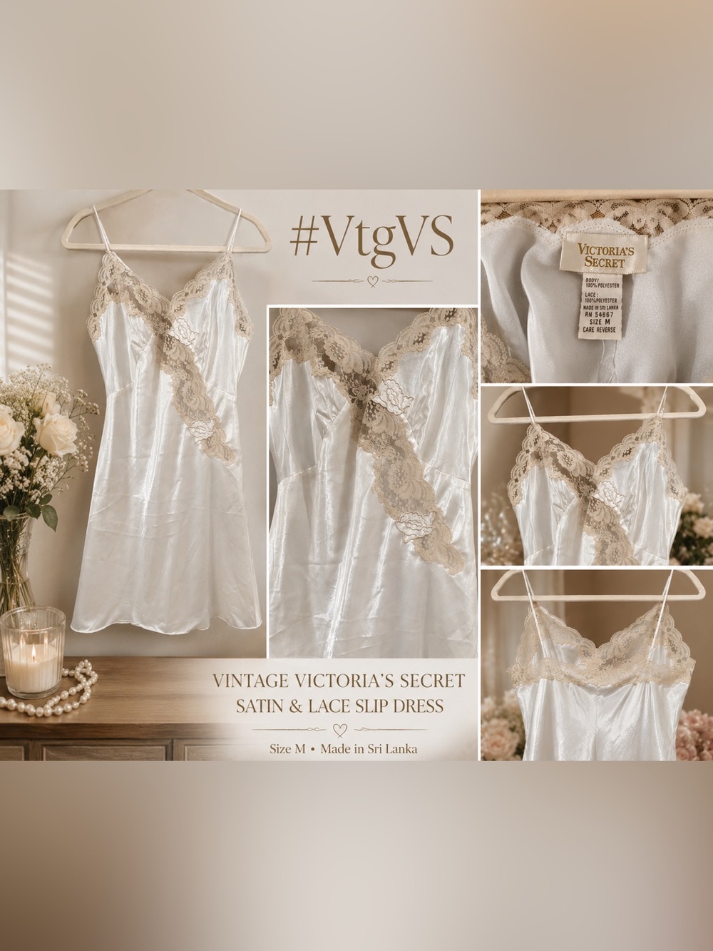 VTG Y2K 80’s 90’s Victoria’s Secret Ivory Lace-Trim Satin Slip Dres